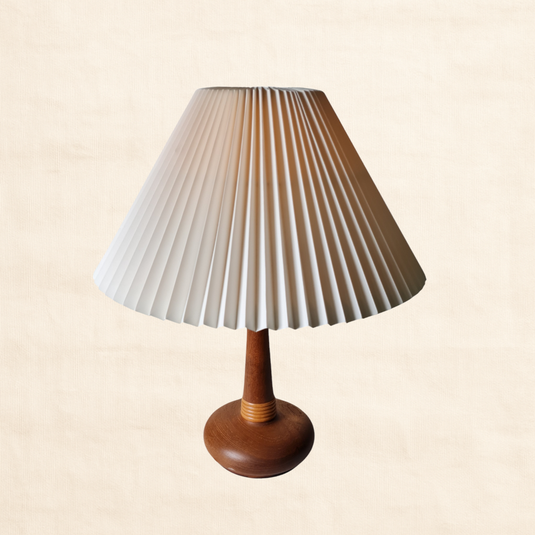 Circa 1960s Danish Table Lamp – Teak Base & Pleated Shade