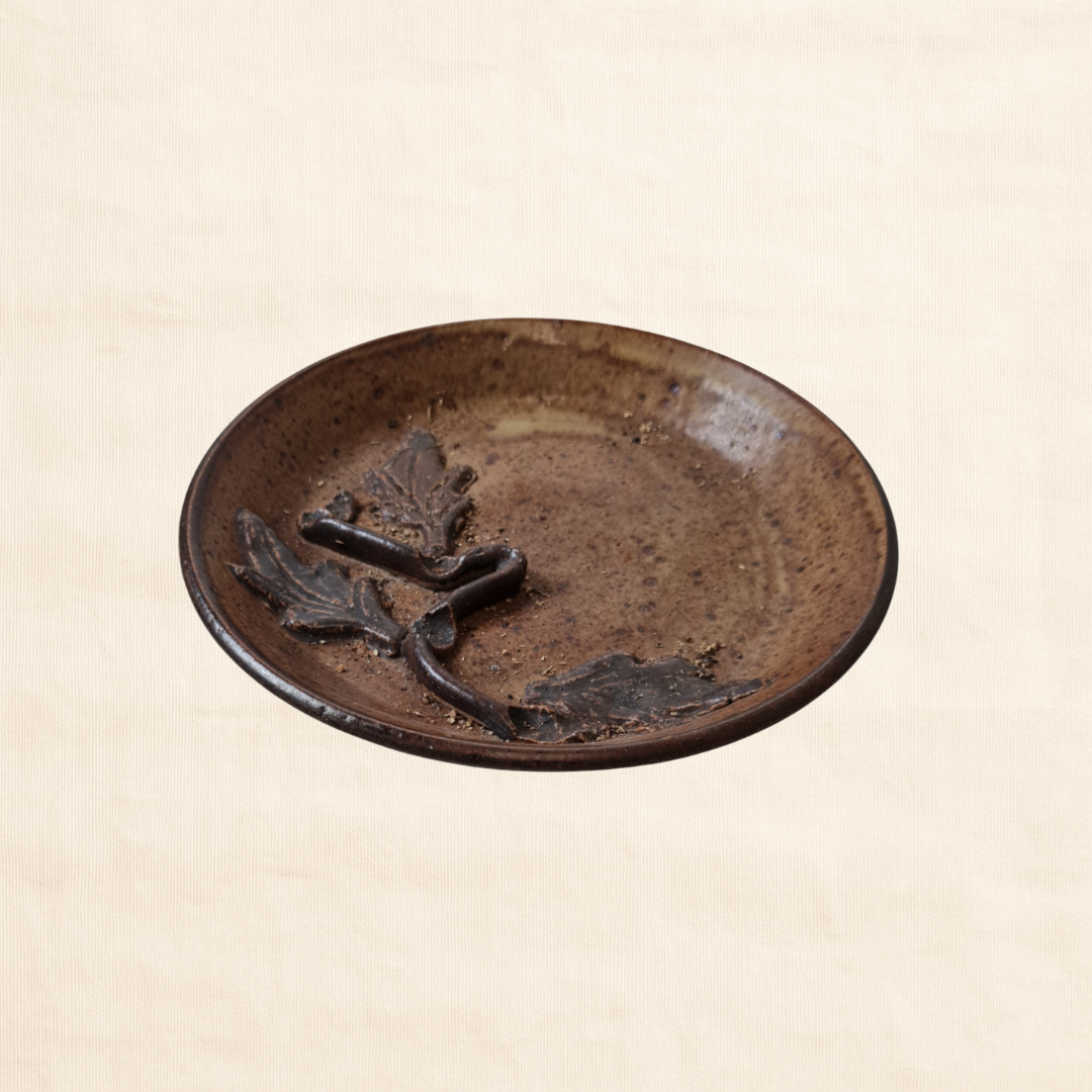 Circa 1970s Small Danish Ceramic Dish – Brown Glaze & Floral Relief