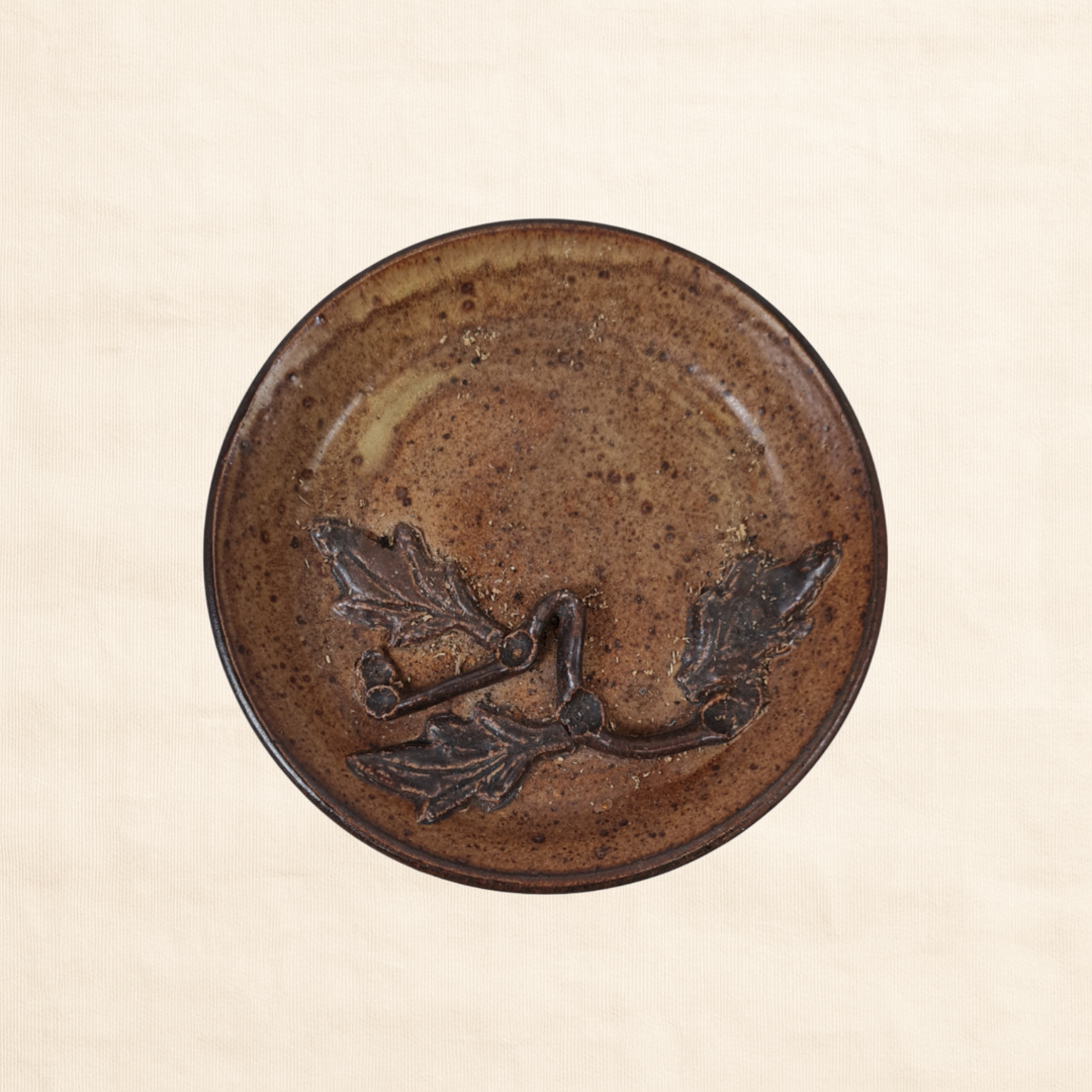 Circa 1970s Small Danish Ceramic Dish – Brown Glaze & Floral Relief