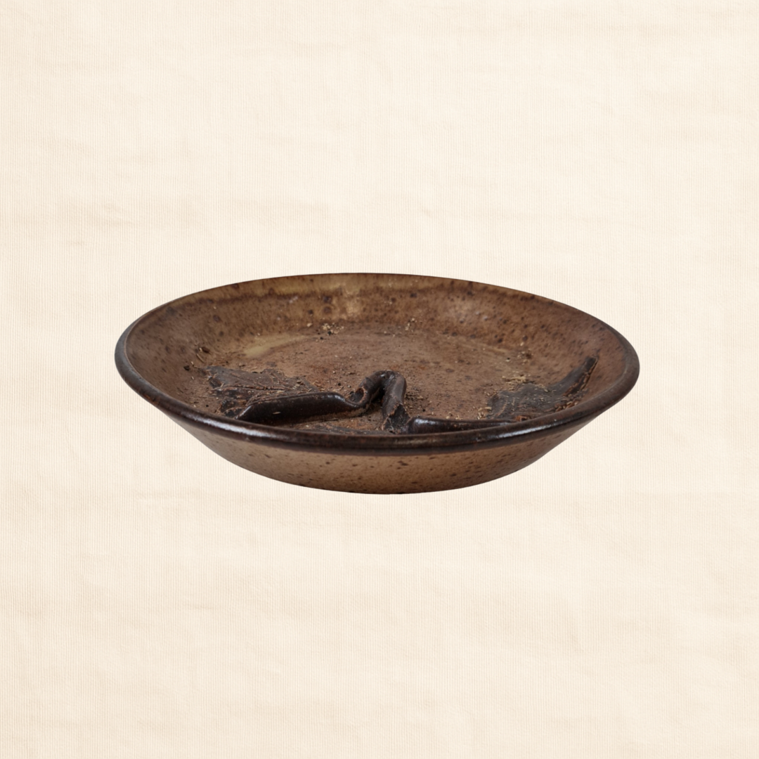Circa 1970s Small Danish Ceramic Dish – Brown Glaze & Floral Relief