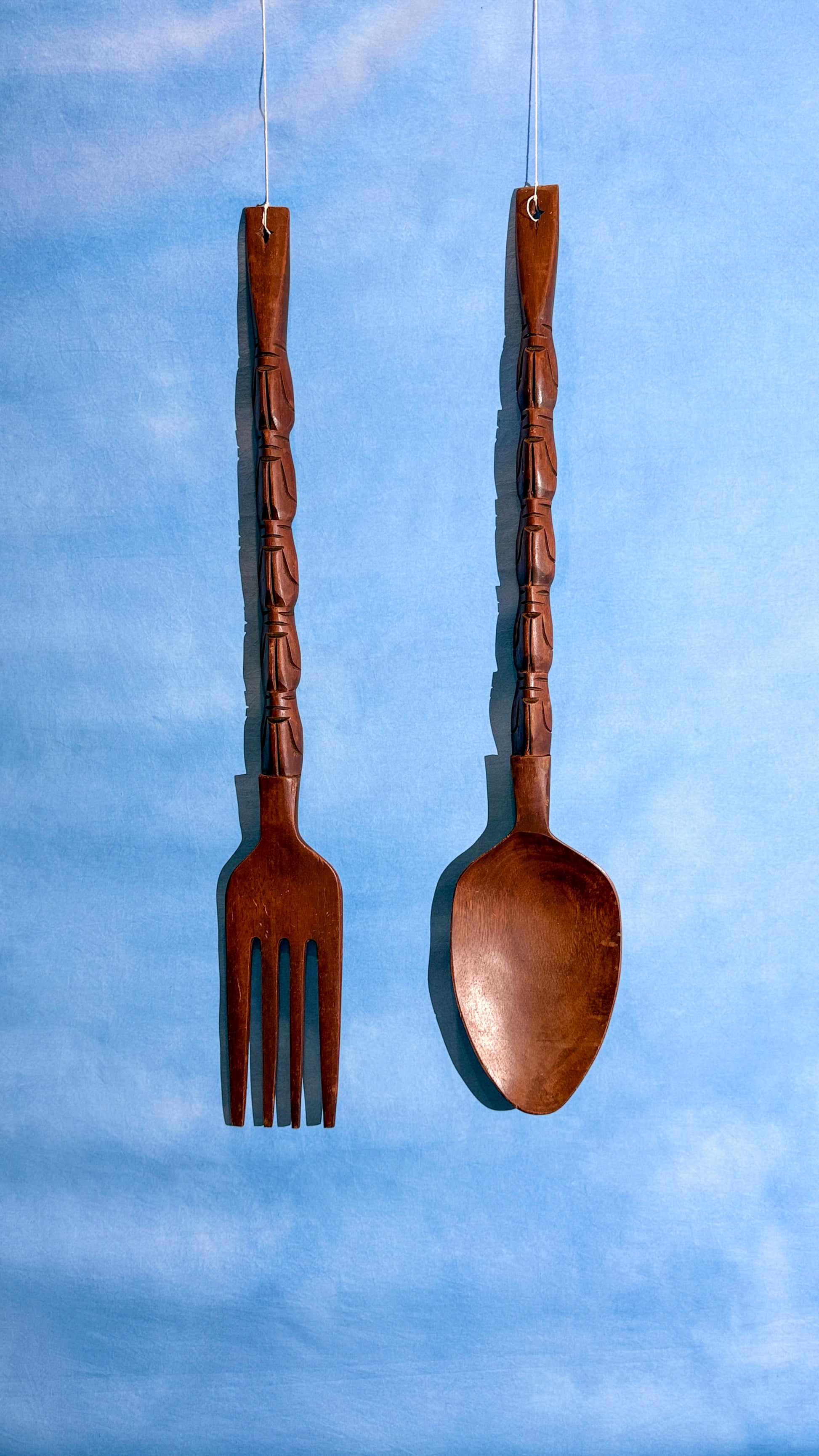 Vintage Oversized Hand-Carved Fork & Spoon Wall Set