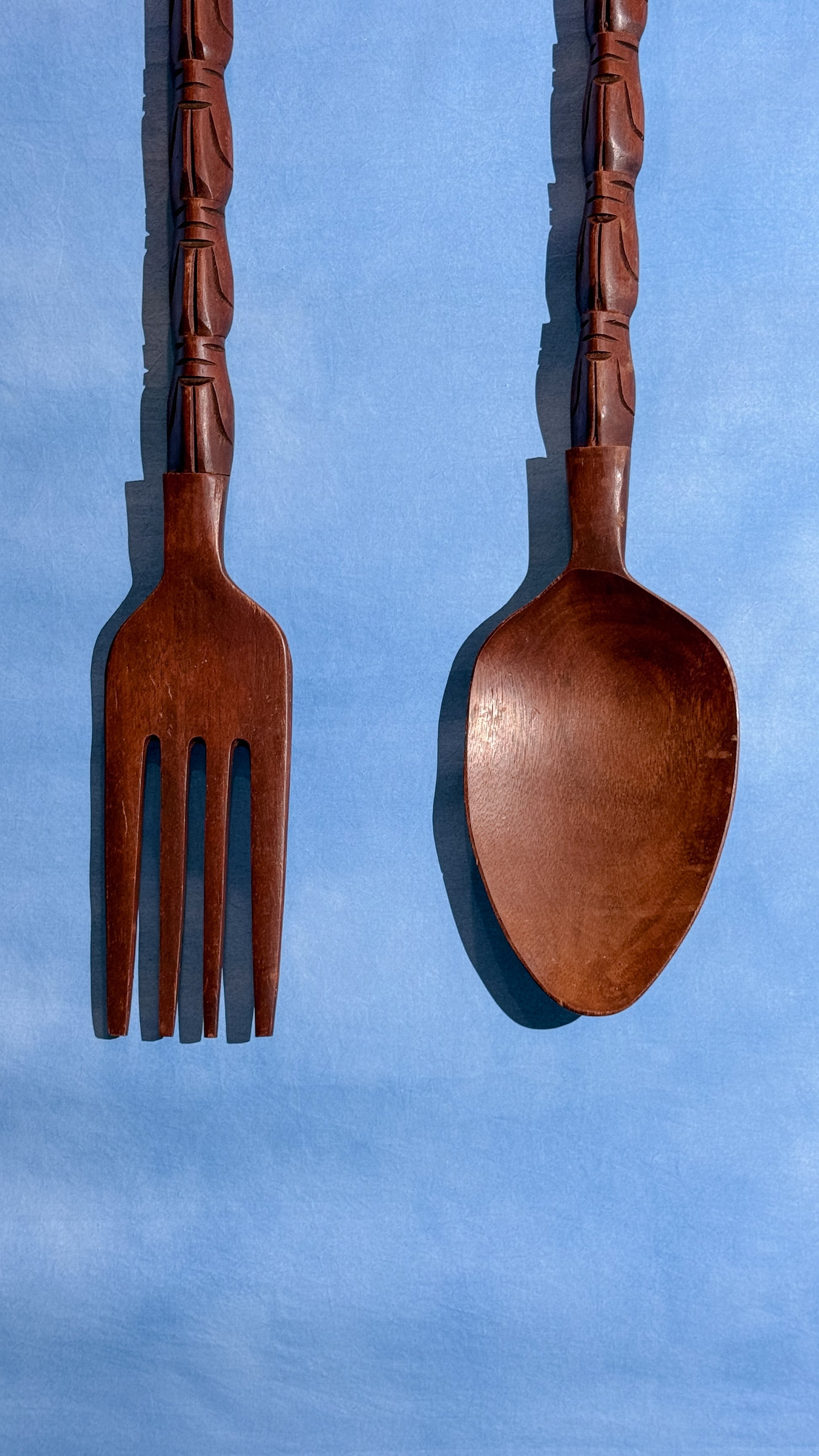 Vintage Oversized Hand-Carved Fork & Spoon Wall Set